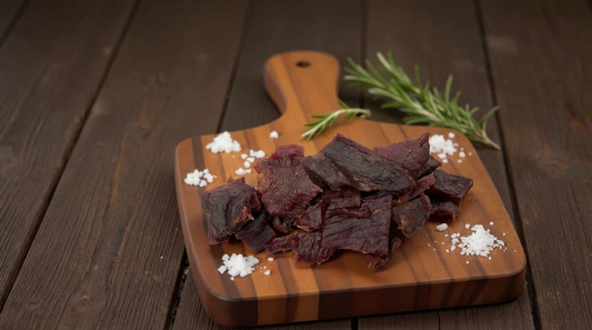 Professional wide-angle shot of NuEats 100% Grass-Fed Beef Jerky on a rustic wooden cutting board, garnished with coarse sea salt and fresh rosemary sprigs on a dark wood background.